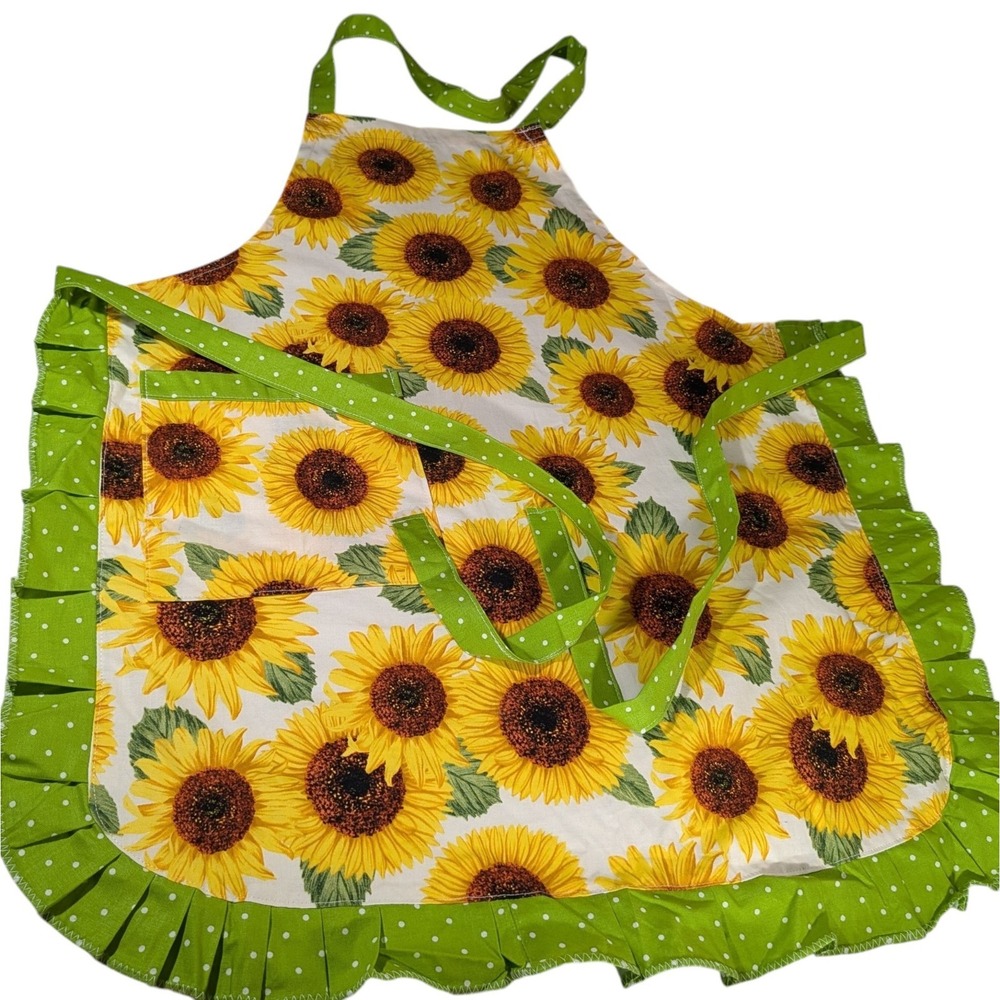 New Handmade Bib Apron Sunflower Pocket Ruffles Kitchen Cooking Baking